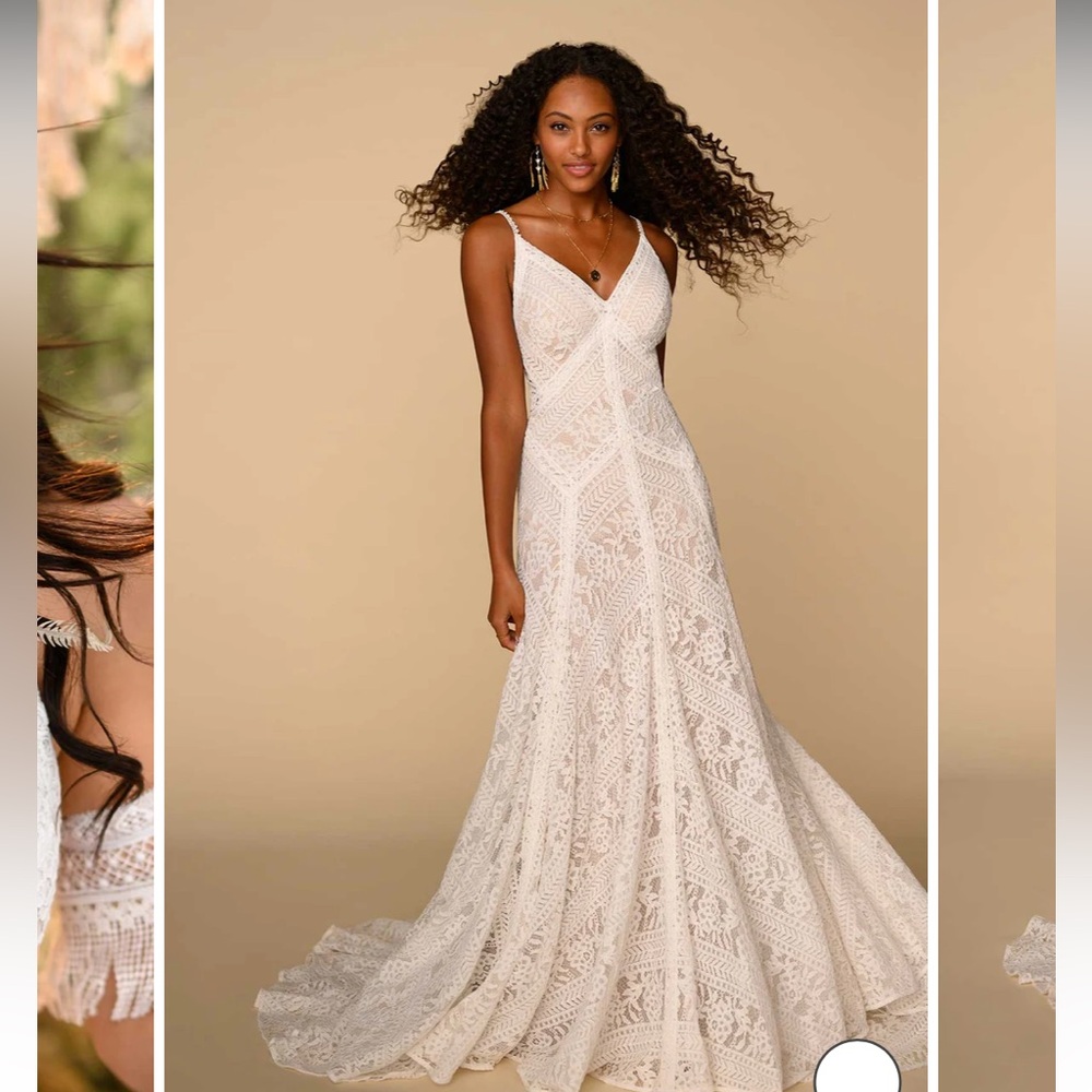 All Who Wander Ivory Reece Bohemian Lace Dress Sleeveless V-Neck Lo Bk Train 10